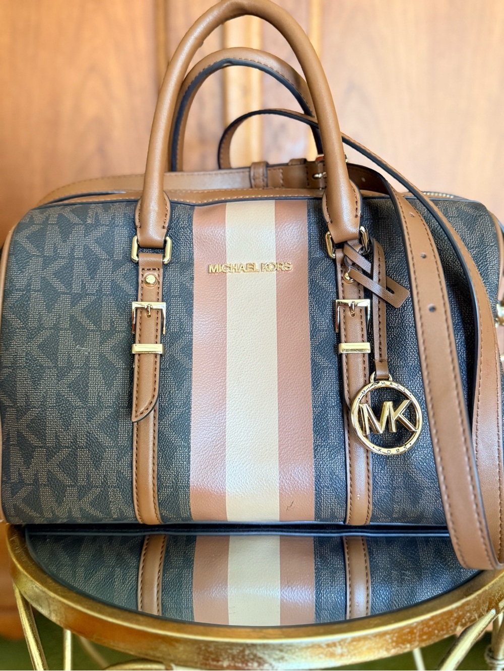 Michael Kors Brown satchel with tan and cream center stripes - Picture 2 of 6